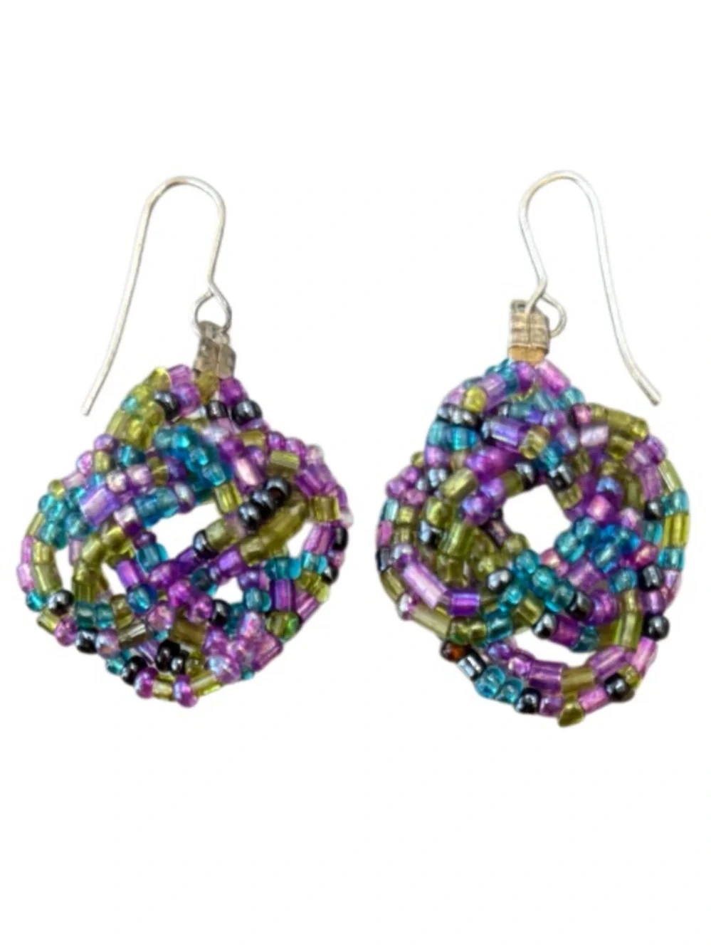 Vintage Beaded Earrings Handmade Flower Dangle Wire Coquette Blue Purple Rose